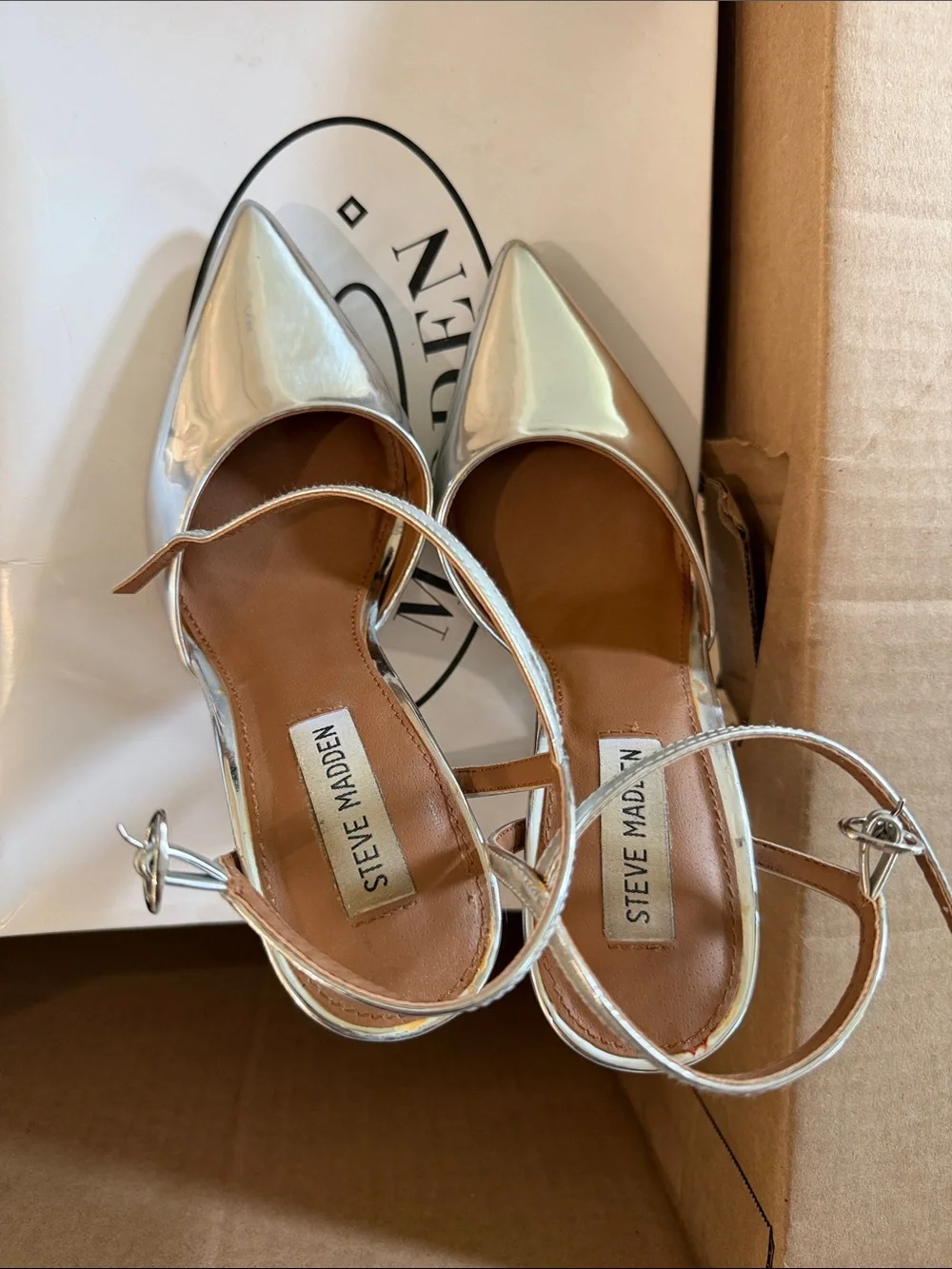 Steve Madden Metallic Silver Pointed Toe Slingback Heels - Picture 2 of 4